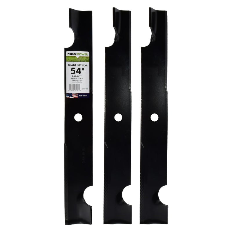 Maxpower مجموعة شفرات MaxPower 561149B 3 لقص 54" لجزازات Bad Boy، بديل رقم OEM 038-0005-00، أسود - Image 1